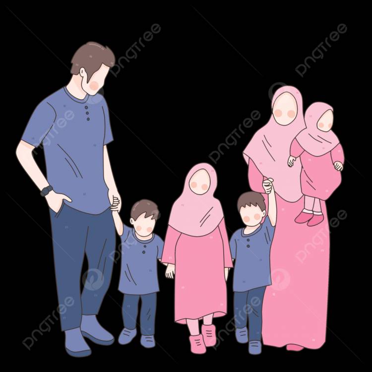 иллюстрация счастливой мусульманской семьи с четырьмя детьми PNG , четверо детей, счастливая семья, мусульманская семья PNG картинки и пнг PSD рисунок для бесплатной загрузки