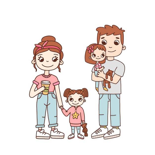Молодая семья, мама, папа и две дочери в мультяшном стиле