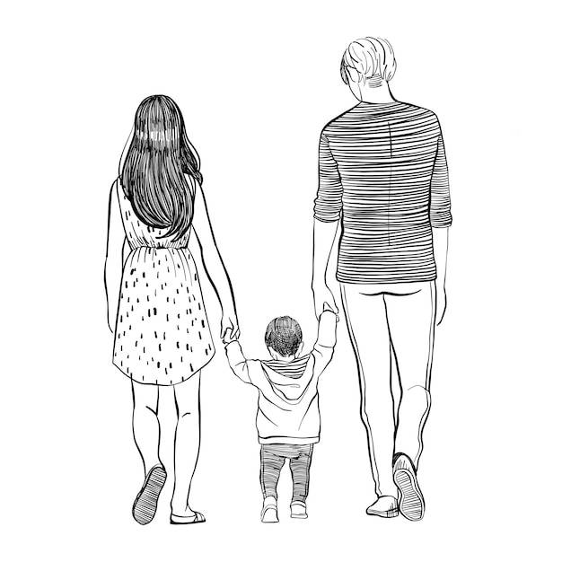 Линейный рисунок силуэт семьи идет мама папа ребенок сын черно-белый