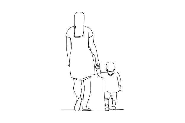 Непрерывный рисунок одной линии, вид сзади, мать, идущая с сыном