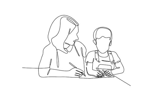Непрерывный рисунок линии матери, обучающей сына иллюстрации premium векторы