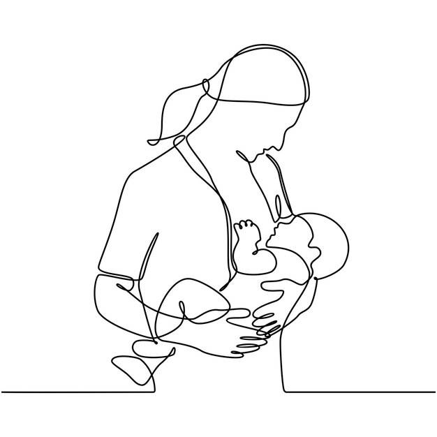 Непрерывный рисунок линии матери, кормящей грудью своего новорожденного ребенка, векторная иллюстрация