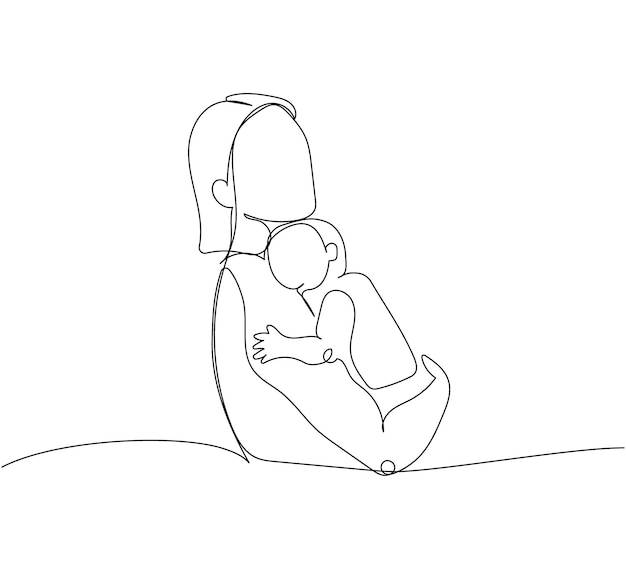 Мама качает ребенка на руках одной линией искусства непрерывный рисунок линии новорожденного материнства