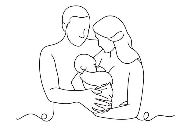 Непрерывный рисунок одной линии матери и отца, держащих своего новорожденного ребенка векторная иллюстрация