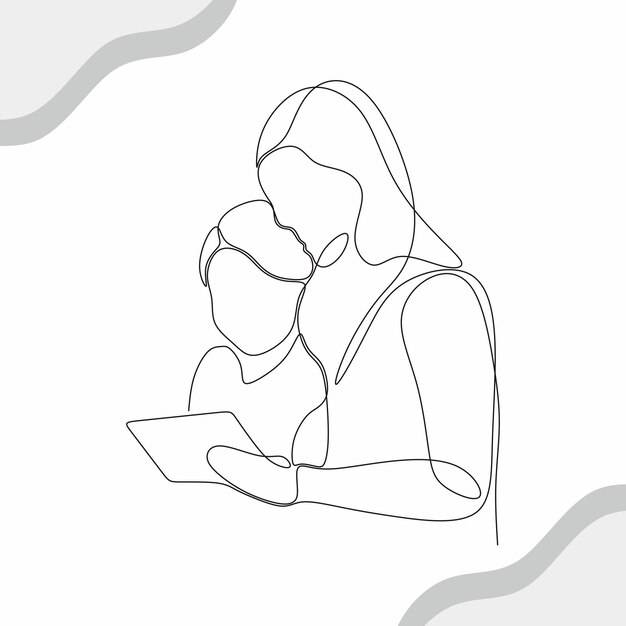 Иллюстрация матери и ребенка рисует непрерывный рисунок одной линии