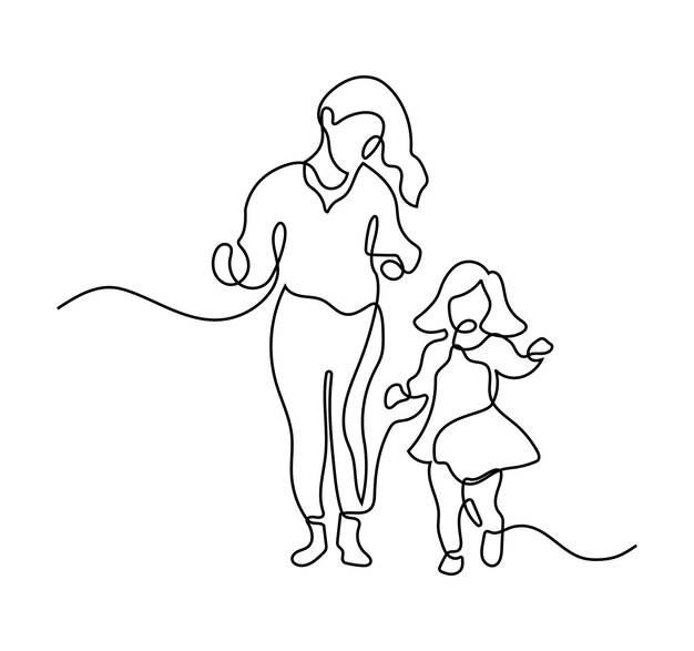 Мама и дочь играют вместе в одну линию, непрерывный редактируемый штриховой рисунок