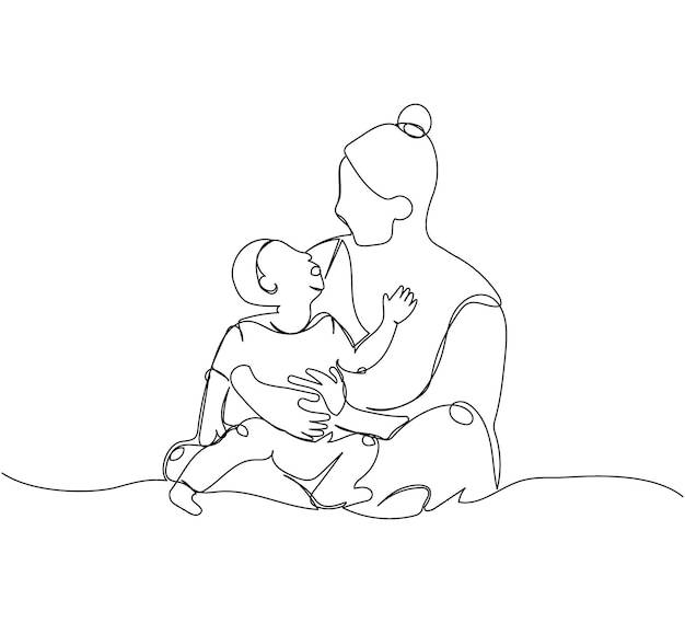 Мама держит ребенка на руках, играет с ним, рисует одной линией непрерывный рисунок линии материнства