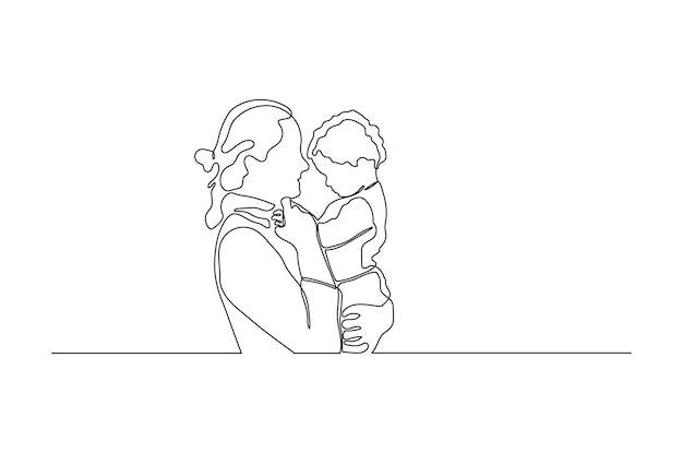 Непрерывный рисунок линии векторной иллюстрации момента единения мамы и ее ребенка premium векторы