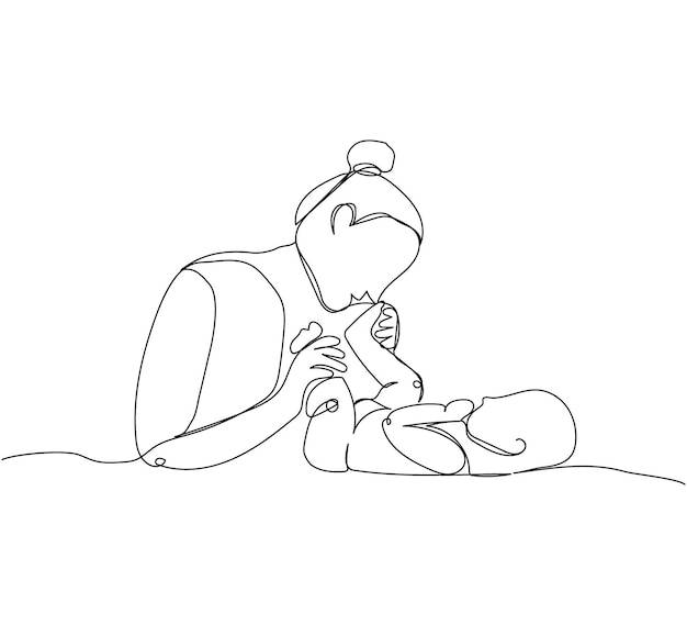 Счастливая мать с новорожденным одной линией искусства непрерывный рисунок линии семейной любви новорожденного материнства