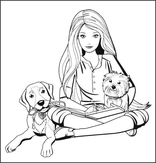 Раскраски Раскраска Девочка сидит со своими собаками Для подростков, скачать распечатать раскраски