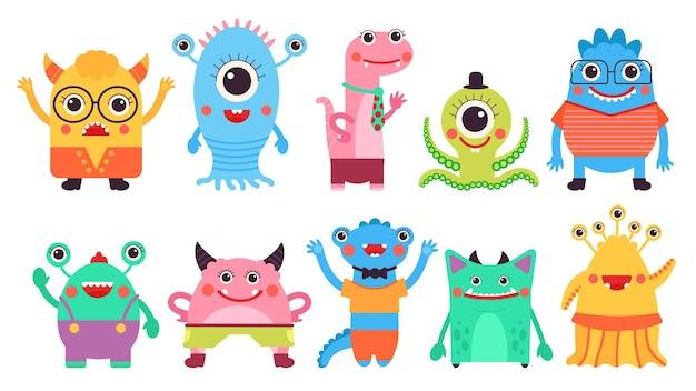Детская коллекция монстров детский монстр изолированные мультяшные инопланетяне персонажи симпатичные уродливые комические элементы сумасшедший красочный зверь достойный векторный набор