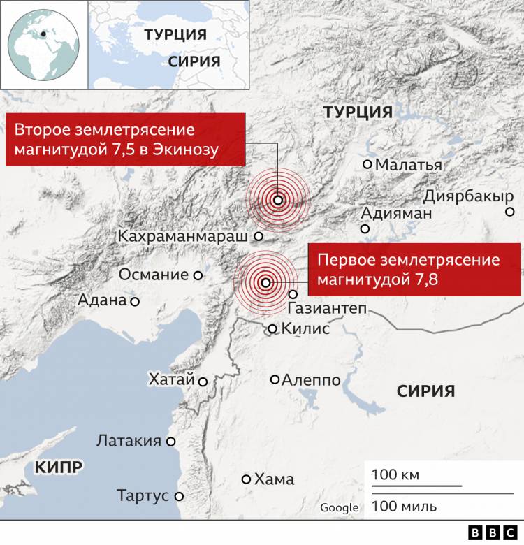 Турцию и Сирию сотрясли два мощных землетрясения