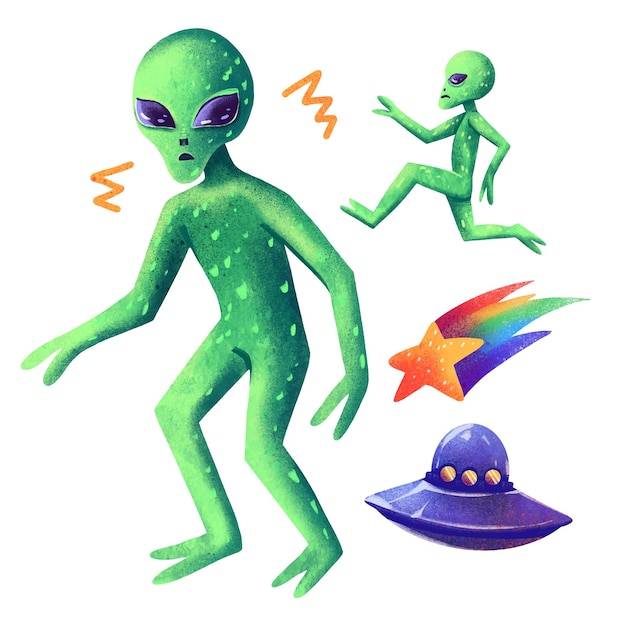 Рисунок цифровой набор картинок инопланетянин нло зеленый человек звезда падающая радуга летающая тарелка космический инопланетный день