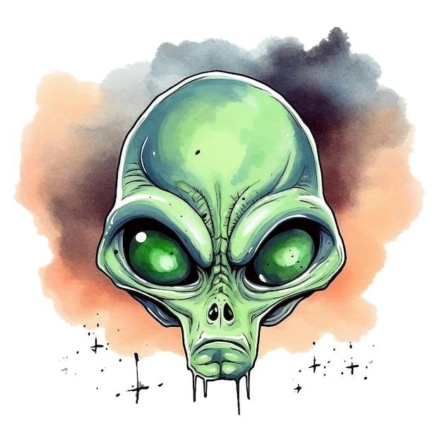 Иллюстрация акварельной краской головы инопланетянина