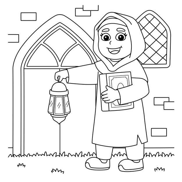 Мусульманская девушка рамадан с раскраской фонаря корана