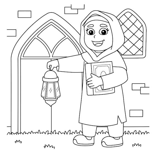 Мусульманская девушка рамадан с раскраской фонаря корана