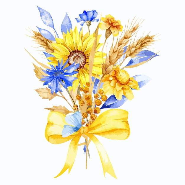 Украинские цветы акварель синие и желтые цветы мир в украине
