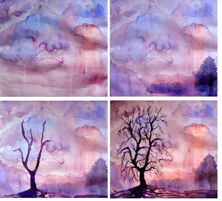 Пошаговая срисовка акварелью пейзаж с одиноком деревом на фоне облачного неба