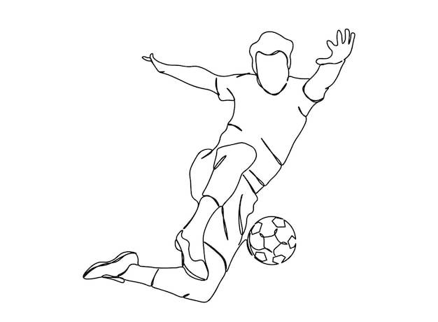 Футбольный мяч, однострочный рисунок футболиста продолжает линейную векторную иллюстрацию