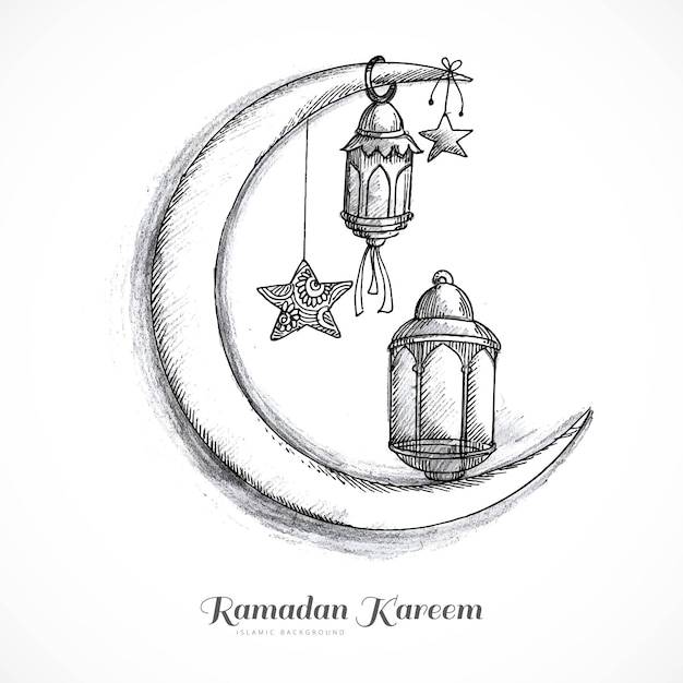 Ручной рисунок рамадан карим исламская лампа и дизайн карты эскиза луны