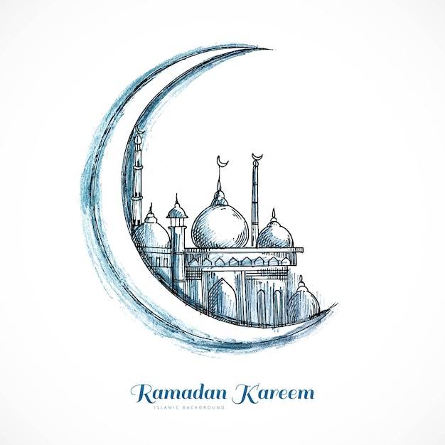 Ручной рисунок луны и эскиз мечети рамадан карим фон