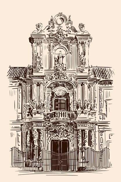 Ручной эскиз фасада здания в классическом стиле рококо