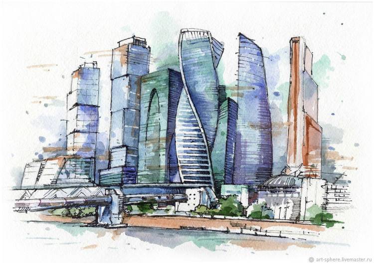 Картина акварелью Москва Сити, акварельный скетч, городской пейзаж в интернет