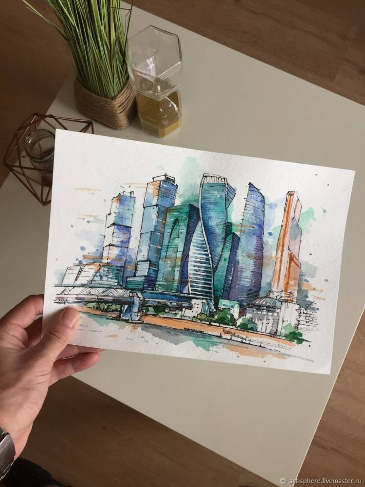 Картина акварелью Москва Сити, акварельный скетч, городской пейзаж в интернет