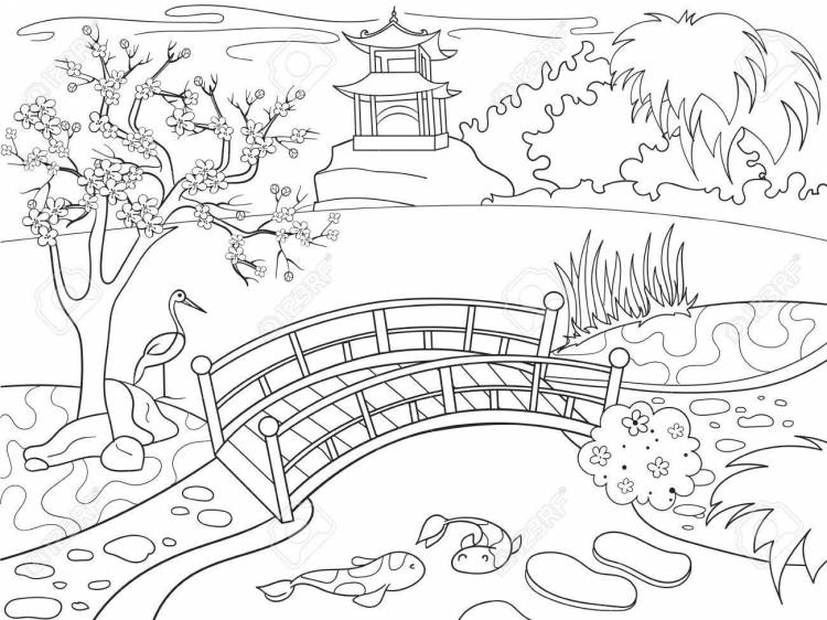 Японский сад рисунок карандашом