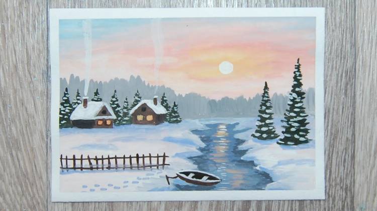 Рисуем простой зимний пейзаж с домиками гуашью