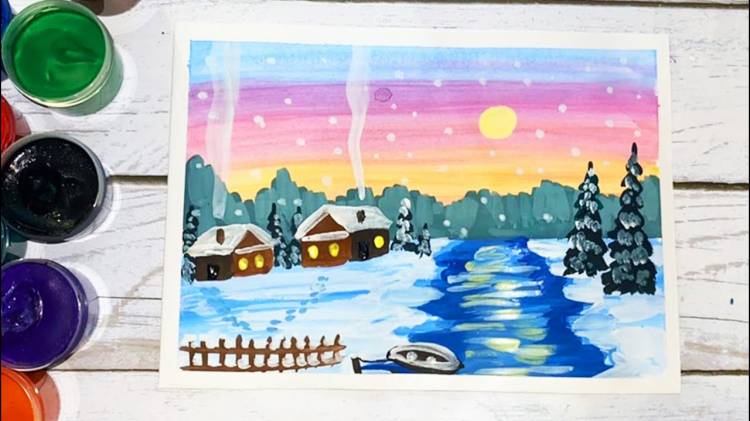 Как нарисовать зимний пейзаж с домиками