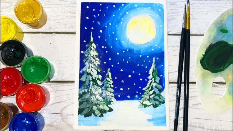 Как нарисовать зимний вечерний пейзаж с елками поэтапно для детей и начинающих