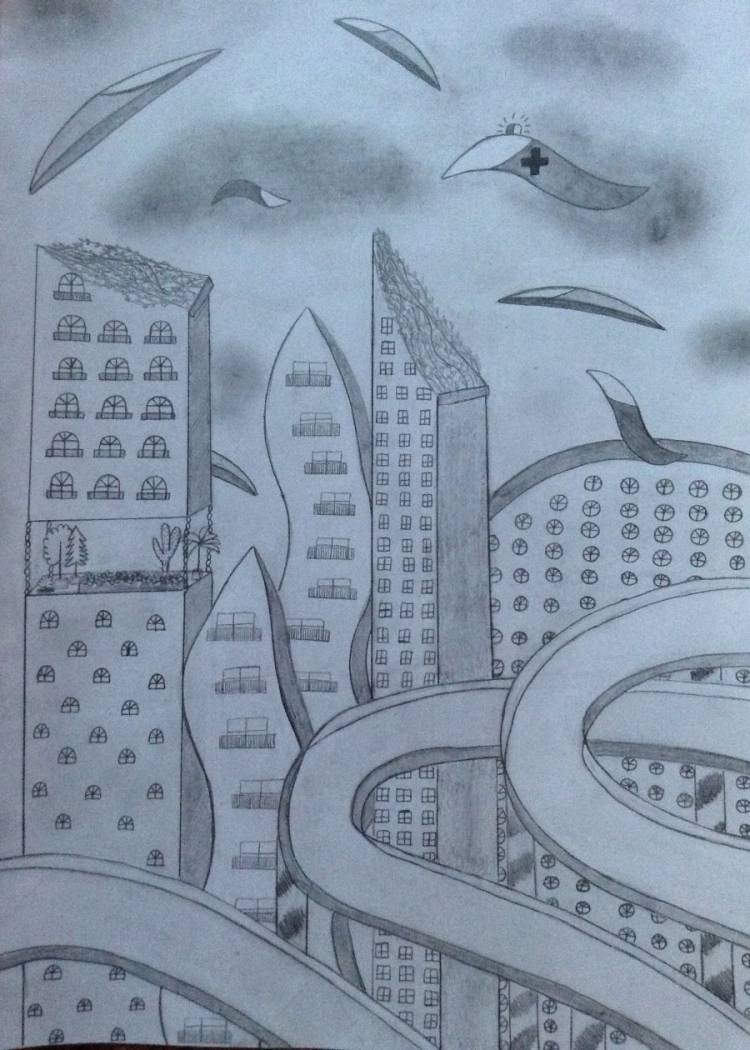 Город будущего рисунок карандашом поэтапно