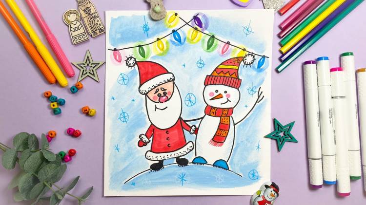Простой новогодний рисунок дед мороз и снеговик