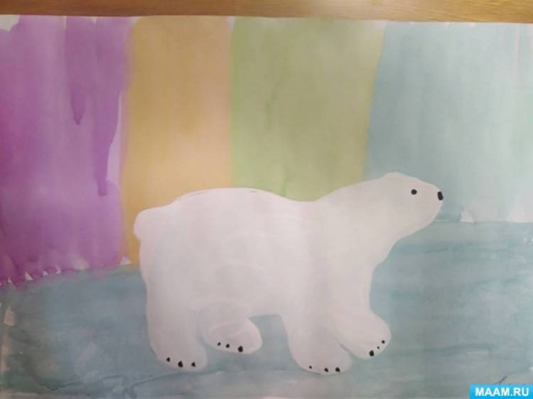 Белый медведь и северное сияние