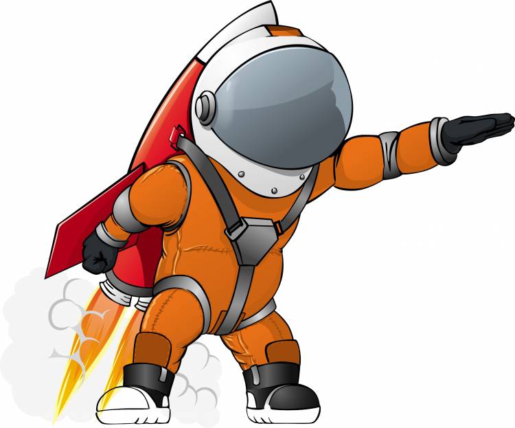 Космонавт в скафандре и с ракетой, рисунок для детей