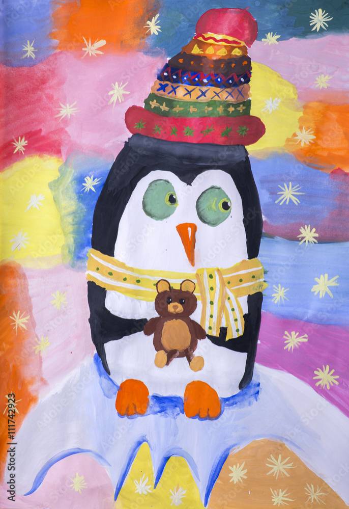 Детский рисунок гуашью Новогодний пингвин Иллюстрация Stock