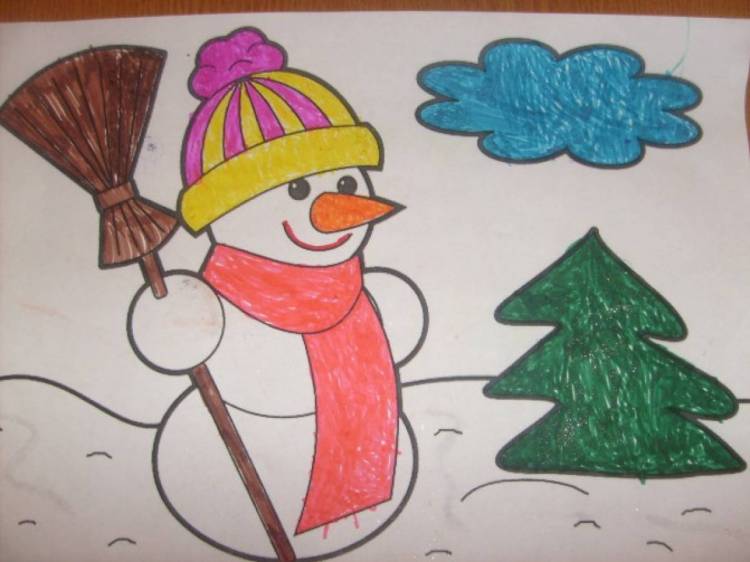 Детский рисунок «Снеговик стоит около елочки» 