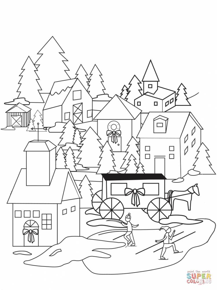 Раскраска Деревня в Рождество