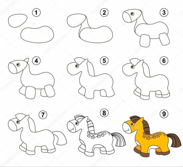 Этапы рисования лошади для детей