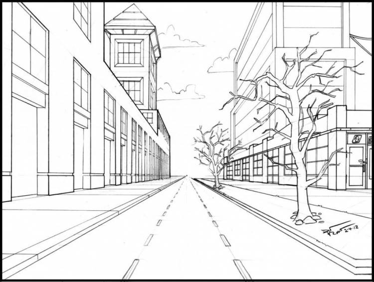 рисунок карандашом фронтальная перспектива деревья улица