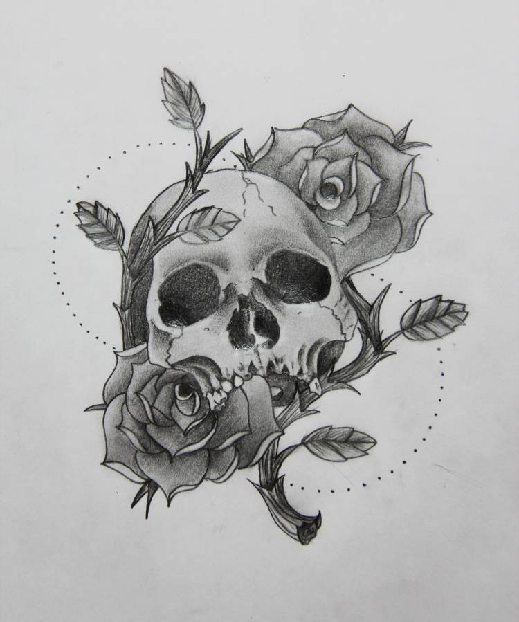 Нарисованные череп с розой
