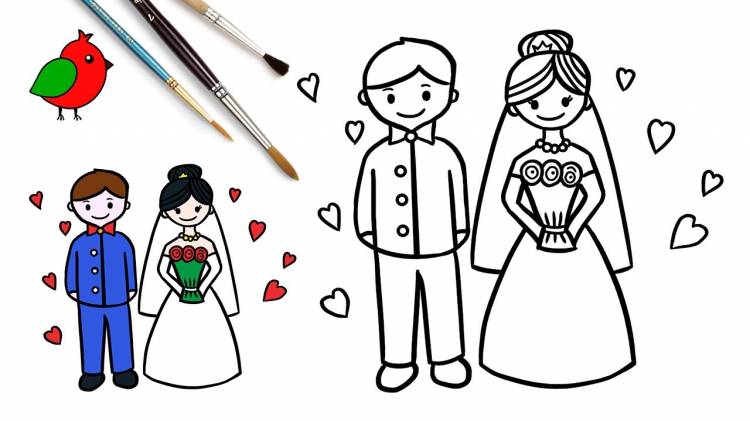 Wedding coloring book bride and groom