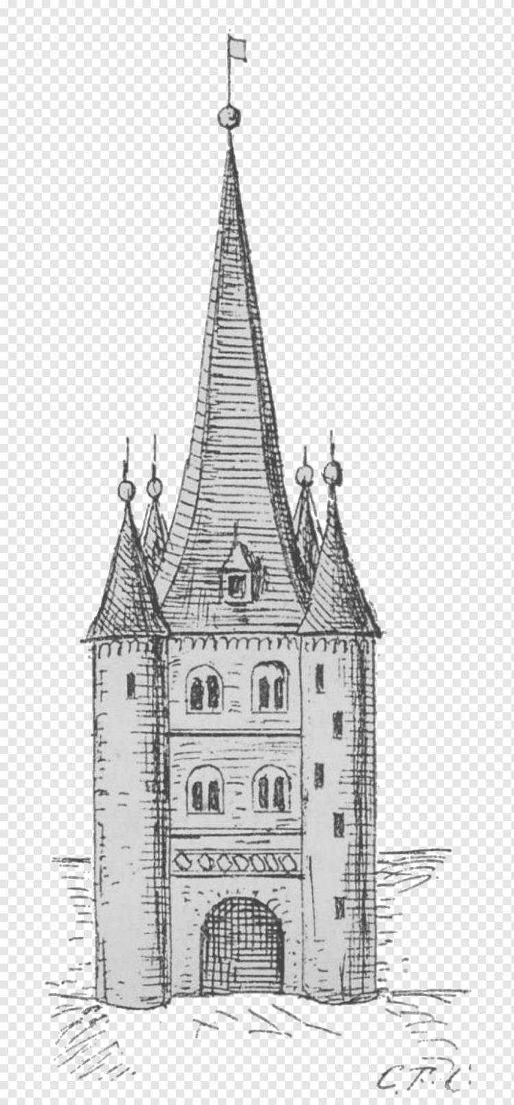 Башня Средневековая архитектура Рисование Готическая архитектура Здание, гамбургская печать, здание, монохромный, средневековая архитектура png