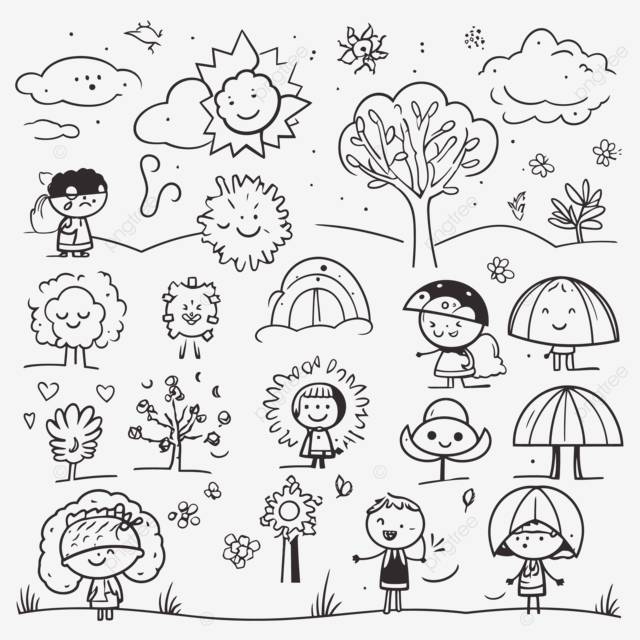 осень дети раскраски векторный набор черный белый набор людей и деревьев векторные иллюстрации контур эскиз рисунок PNG , сезоны рисунок, сезоны, сезоны эскиз PNG картинки и пнг рисунок для бесплатной загрузки