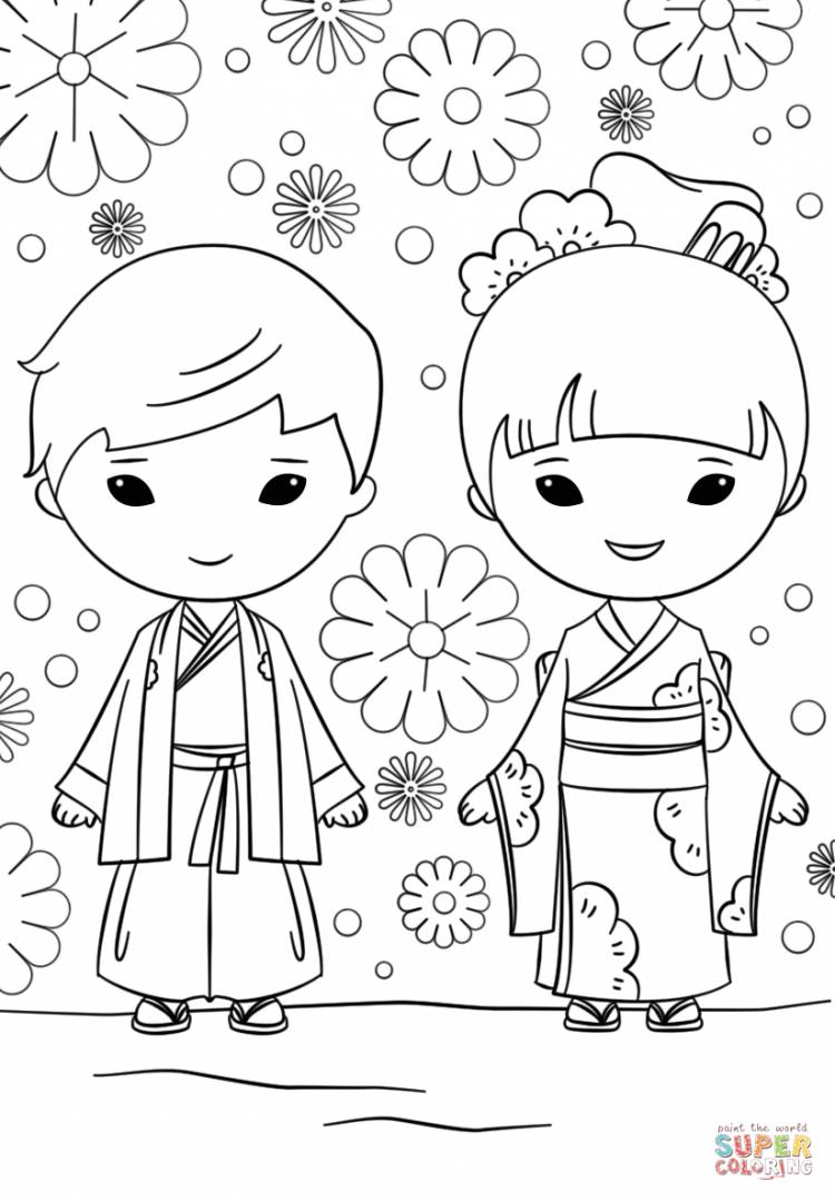 Раскраска Японские мальчик и девочка