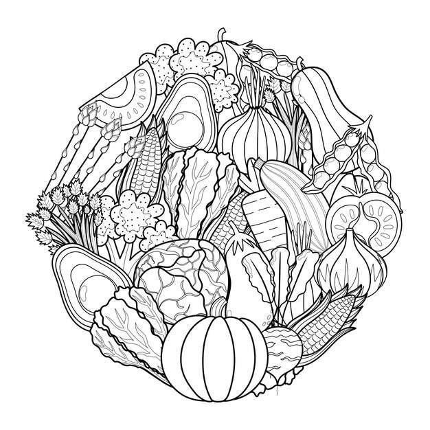 Каракули овощной узор в форме круга для раскраски еда мандала раскраски