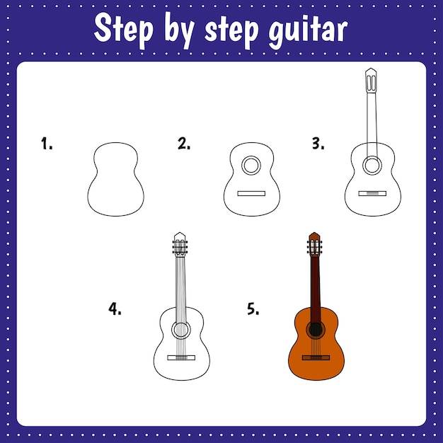 Учебный лист для детей пошаговое рисование иллюстраций гитара музыкальный инструмент страница деятельности для дошкольного образования