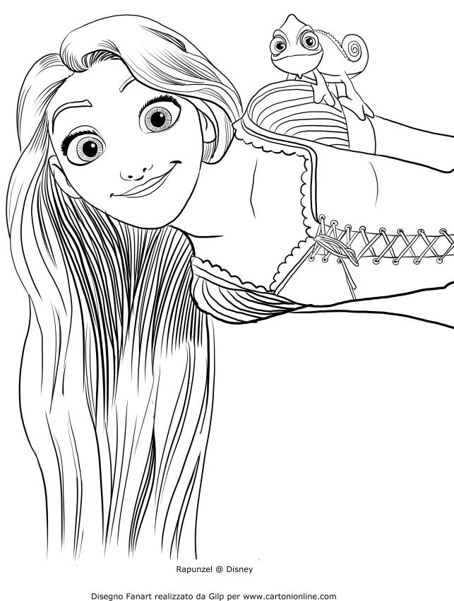 Desenho de Rapunzel com Pascal no ombro para colorir