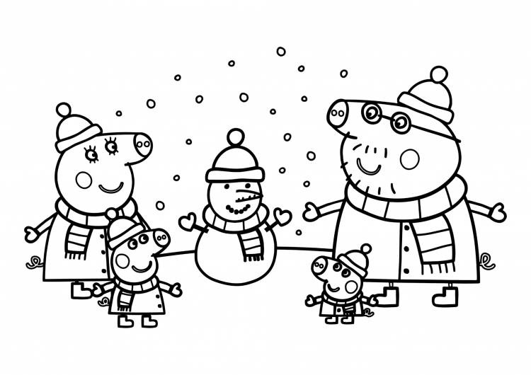 Раскраска «Мама Свинка, Пеппа, Джордж, Папа Свин и снеговик»